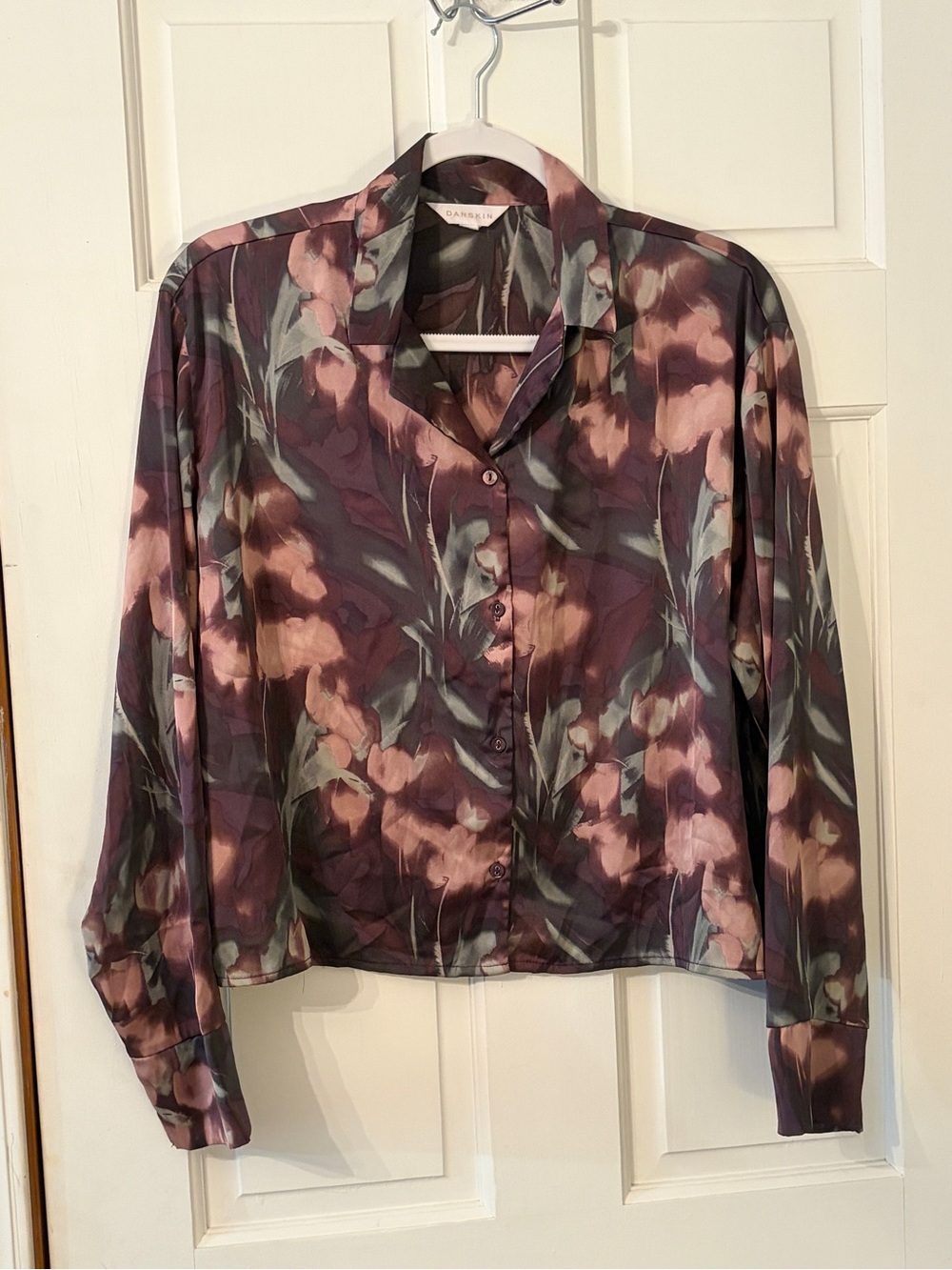 Danskin Abstract Floral Print Satin Blouse, Plum & Mauve. Ladies Size L